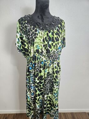 Green Animal-Print Midi Dress with Embellished Neckline Cato